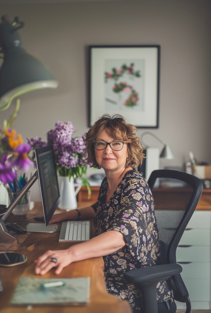 Pam Ivey at desk designing a website